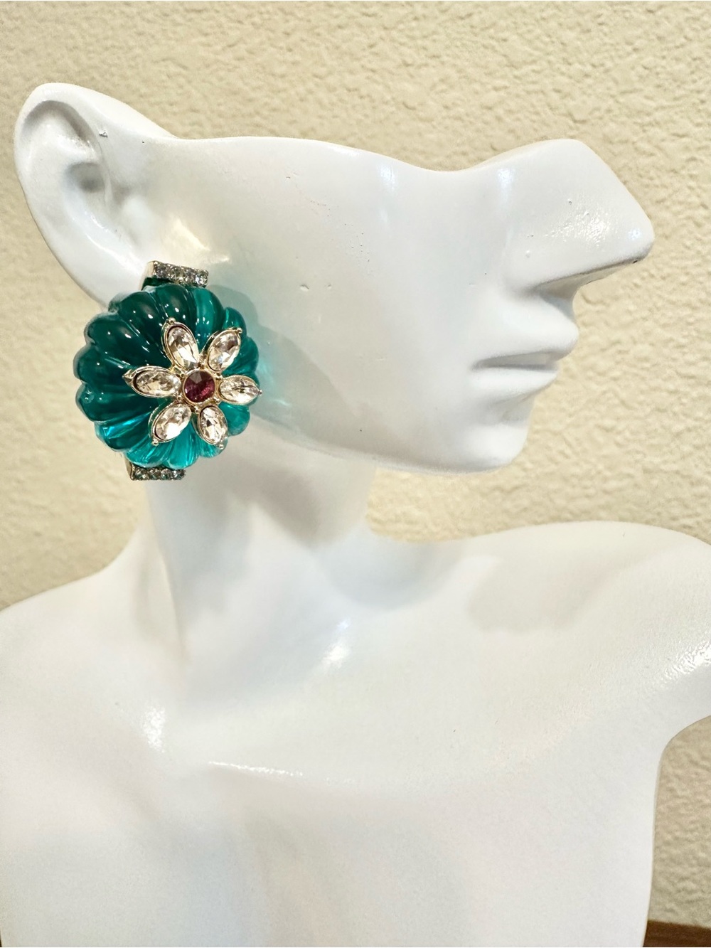 Gold-Plated Teal Resin Floral Stud Statement Earrings with Crystal Accents